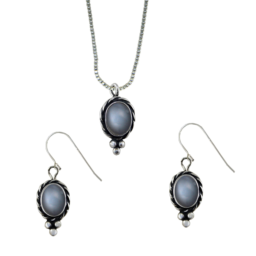 Sterling Silver Petite Necklace Earrings Set Grey Moonstone